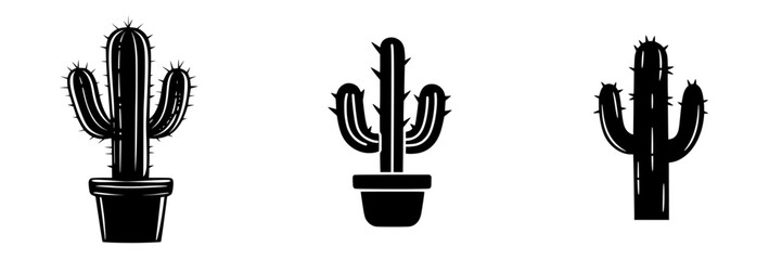 Poster - Iconic flat black cactus design featuring various shapes and sizes in pots for modern minimalistic decor