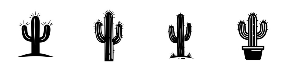 Poster - flat black icon collection featuring various cactus designs with different shapes and styles