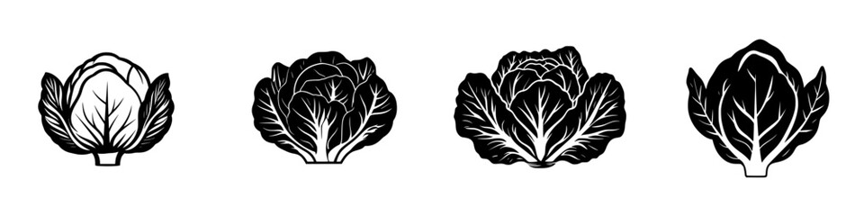Poster - flat black icons of various types of cabbages arranged side by side for design and illustrative purp