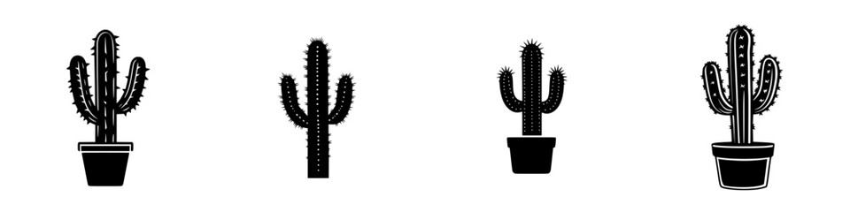 Poster - black flat icon collection of various cacti in pots showcasing unique shapes and designs
