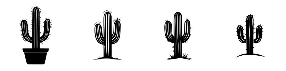 Poster - flat black icons representing various types of cacti in different shapes and sizes for decorative us