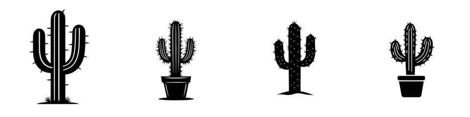 Poster - collection of flat black cactus icons displayed with different designs and shapes in various pots on