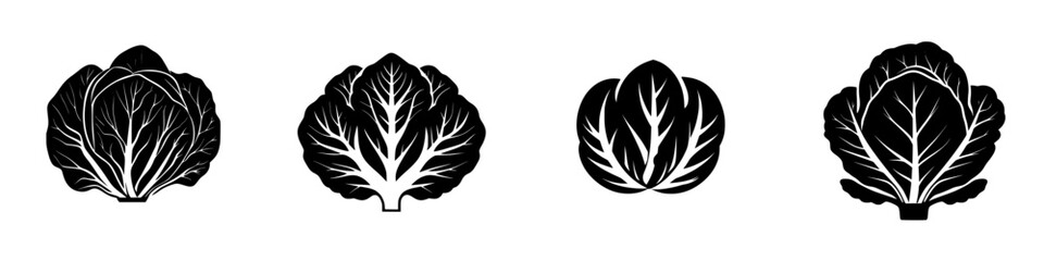 Poster - Flat black icon depicting various lettuce types arranged symmetrically on a white background showcasing their leaf structures