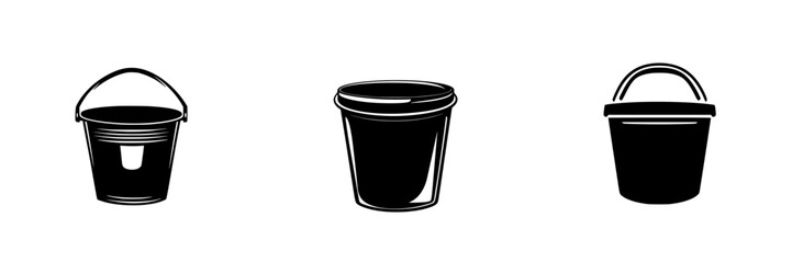 Poster - collection of flat black bucket icons in various styles and shapes on a minimalist background