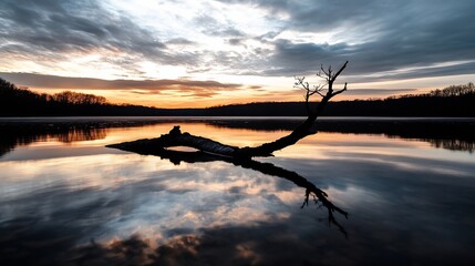 Poster - Silhouette of a fallen tree branch in a calm lake at sunset, reflecting the colorful sky and clouds in the still water. : Generative AI