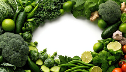Aufkleber - Vibrant green vegetables and citrus fruits arranged in a circular frame on a white background, perfect for healthy eating or cooking themes.