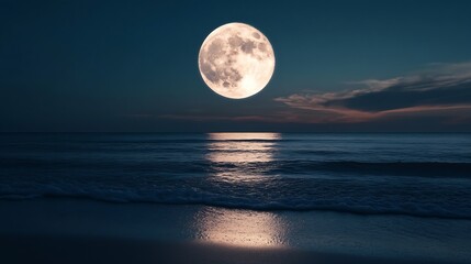 Aufkleber - Serene nightscape featuring a large full moon rising over a tranquil ocean, casting a soft glow on the gently lapping waves and dark sandy beach. : Generative AI