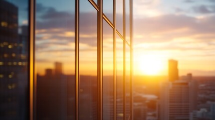 Poster - Golden sunset hues reflected in modern skyscraper windows, showcasing a blurred cityscape panorama at dusk.  The image offers a warm, inviting feel, ideal for corporate or real estate  : Generative AI