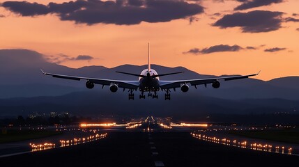 Poster - Airplane landing at dusk, approaching runway lights with mountains in the background.  The aircraft is silhouetted against a vibrant sunset sky. : Generative AI