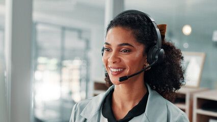 Aufkleber - Business, woman and callcenter agent with smile for customer service, mic and operator for help desk. Communication, contact us with African consultant at computer for telecom or outbound phone call