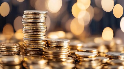 Poster - Close-up view of numerous gold coins stacked high, creating a visually appealing image of wealth and prosperity against a bokeh background of warm, golden lights. : Generative AI