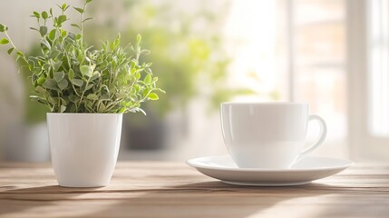 Aufkleber - A white coffee cup and saucer rest on a rustic wooden table next to a small potted plant, bathed in soft sunlight streaming from a nearby window. : Generative AI