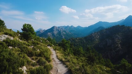 Aufkleber - A scenic mountain trail winds through lush green vegetation, offering breathtaking views of majestic peaks under a vibrant blue sky with fluffy clouds. : Generative AI
