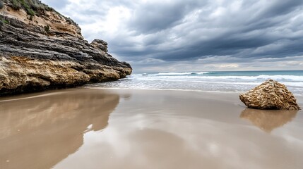 Poster - Dramatic coastal scene featuring a rocky cliff face, a solitary boulder on a tranquil sandy beach, and a brooding, grey sky overhead. The ocean waves gently caress the shore. : Generative AI