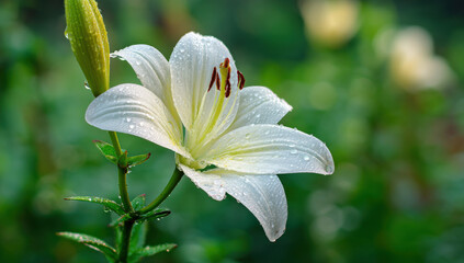 Poster - Close-up of a pristine white lily flower, glistening with morning dew, its petals delicately unfurling against a soft green bokeh background.