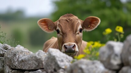 Poster - Curious brown calf peeking over a stone wall, surrounded by lush green pasture and yellow wildflowers.  A charming rural scene. : Generative AI