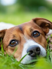 Aufkleber - Close-up portrait of a relaxed Jack Russell Terrier dog lying in the grass, its expressive brown eyes gazing gently, showcasing its adorable features and soft fur. : Generative AI