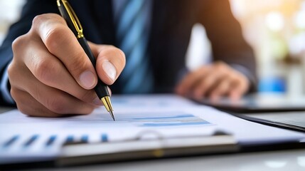 Poster - Close-up of a businessman's hand signing documents with a gold-accented pen, reviewing financial charts and graphs on a clipboard. : Generative AI