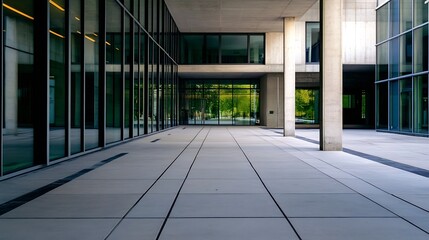 Leinwandbilder - Modern building exterior with glass facade and concrete pillars, showcasing a minimalist architectural design and reflecting trees and sky. : Generative AI