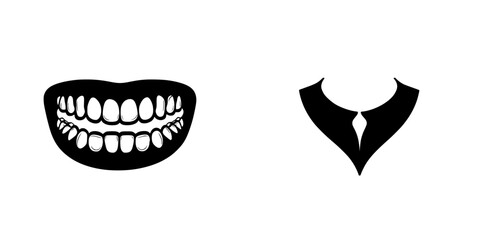 Poster - Iconic representation of a smiling mouth and necktie in flat black design for branding or graphic use