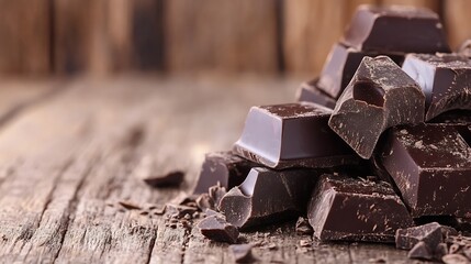 Aufkleber - A close-up shot of dark chocolate pieces on a rustic wooden surface. The rich, dark brown color of the chocolate contrasts beautifully with the wood grain, creating a visually appealin : Generative AI