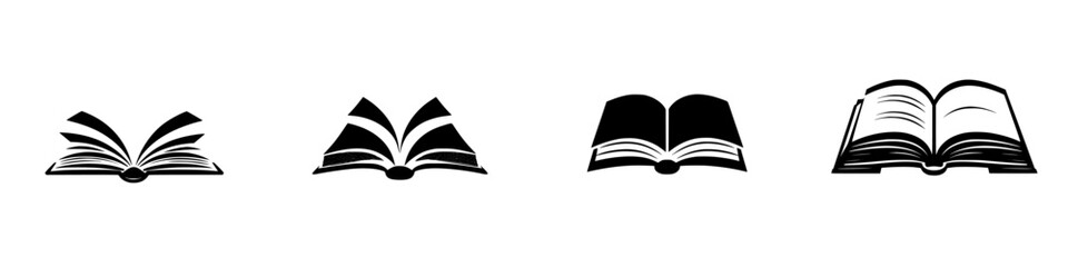 Poster - Collection of flat black book icons showcasing different open book designs suitable for various applications