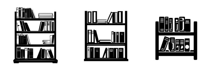 Poster - Various flat black bookshelf icons showcasing different designs and book arrangements for digital use in educational materials