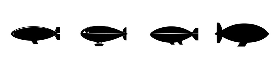 Poster - Flat black icons of airships in various shapes and sizes arranged horizontally against a plain background for graphic design use