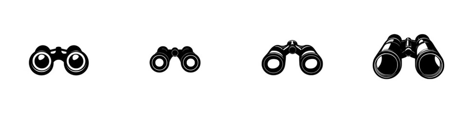 Poster - Stylized flat black icons of binoculars showcasing various angles and shapes for design and illustration purposes