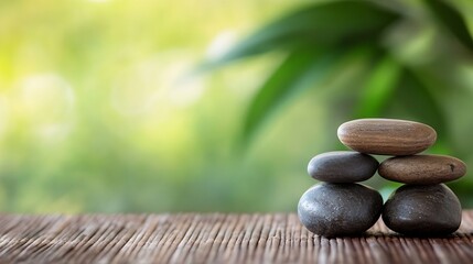 Aufkleber - Serene Stack of Smooth Stones on Bamboo Mat with Blurred Green Background, Evoking Tranquility and Zen Garden Atmosphere. : Generative AI