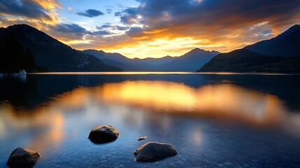 Poster - Serene sunset over a mountain lake, reflecting vibrant orange and gold hues in calm water, three dark rocks in the foreground. : Generative AI