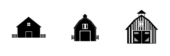 Poster - Flat black icons of various barn designs illustrating traditional agricultural architecture