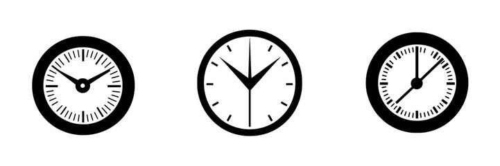 Fototapete - Various flat black clock icons representing different time displays and styles suitable for graphic design and app interfaces
