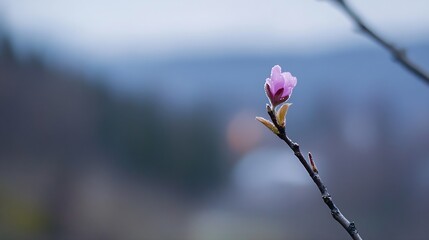 Poster - Single pink flower blossom on a slender branch, delicate petals, soft spring light, blurred background, nature photography. : Generative AI