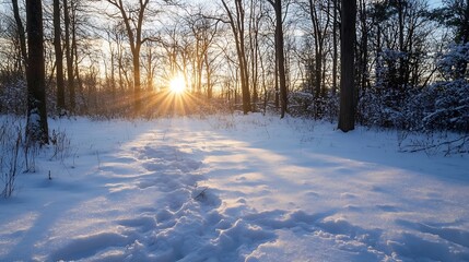 Aufkleber - Sunbeams illuminate a snow-covered path winding through a tranquil winter forest at sunset, creating a serene and peaceful atmosphere. : Generative AI