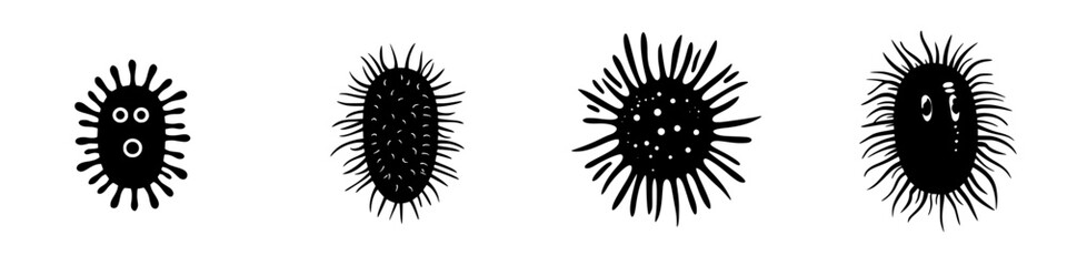 Poster - Collection of flat black icons representing various stylized microorganisms in a minimalist design