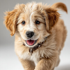 Poster - Adorable golden retriever puppy running towards the camera, playful expression, light brown fur, happy dog, pet portrait, studio shot, white background.
