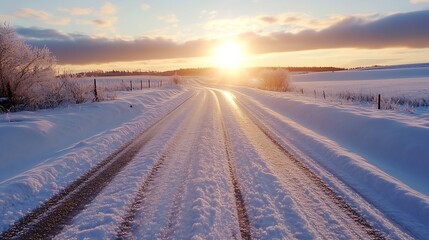 Aufkleber - A snowy country road stretches towards a vibrant sunset, tire tracks visible in the pristine snow, with frost-covered bushes lining the path. : Generative AI