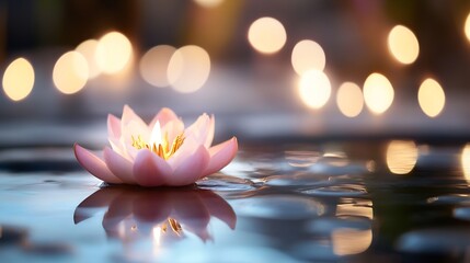 Poster - Serene pink water lily floats on calm water, illuminated from within, reflecting in the still surface; soft, warm candlelight bokeh background. : Generative AI