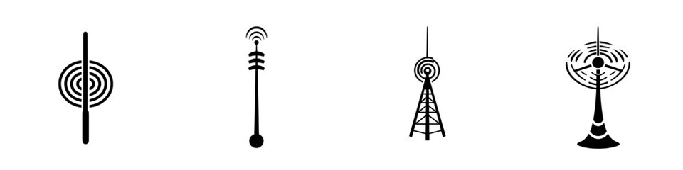 Poster - Flat black icons representing various types of communication towers and antennas in a minimalist style