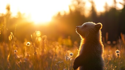 Poster - A curious brown bear cub stands on its hind legs in a sunlit meadow, gazing towards a vibrant sunset. Golden hour light illuminates the scene, creating a magical and peaceful atmospher : Generative AI