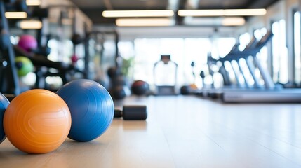 Poster - Two exercise balls, orange and blue, rest on a light wood floor in a modern gym; blurred treadmills and fitness equipment are in the background. : Generative AI