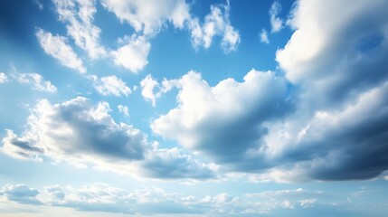 Poster - A breathtaking view of a partly cloudy sky, showcasing a dramatic interplay of light and shadow on fluffy cumulus clouds against a vibrant blue expanse. : Generative AI