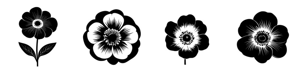 Poster - elegant black icons of various flower designs suitable for digital and print use in graphic projects