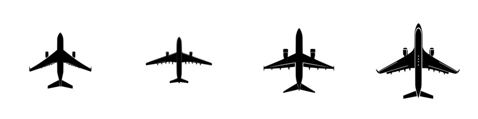 Fototapete - Collection of flat black airplane icons in various designs from a top view perspective suitable for travel-themed projects
