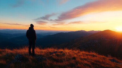 Poster - Silhouette of a lone hiker gazing at a breathtaking sunset over a majestic mountain range, bathed in warm, golden light, a serene and peaceful scene. : Generative AI