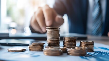 Leinwandbilder - Close-up of stacks of coins on financial documents, with a blurred businessman in the background, suggesting financial growth and investment. : Generative AI