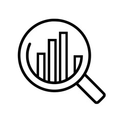 Poster - Flat black icon of a magnifying glass over a bar chart representing data analysis and research insights