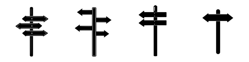Poster - Collection of flat black directional signs showing different arrow placements and orientations for guiding travelers