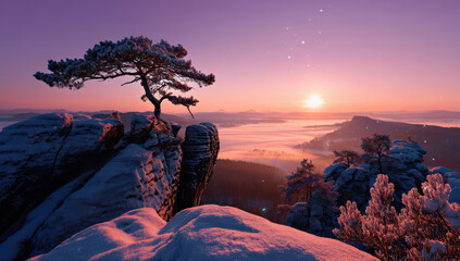 Poster - Majestic winter sunrise over a snow-covered mountain peak, with a lone pine tree silhouetted against the vibrant pink and purple sky, a sea of fog below.